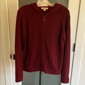 Faconnable Cashmere Leather Red Burgundy Hooded Cardigan, full zip pockets Med